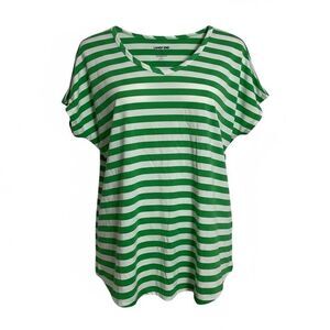 Lands' End NWOT Striped Short Dolman Sleeve Stretch T-Shirt Green White Medium